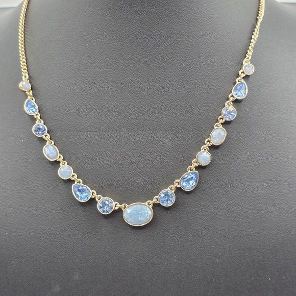 DKNY‎ Gold Tone Blue Crystal Graduated Station Necklace Choker Jewelry Used - Picture 6 of 8